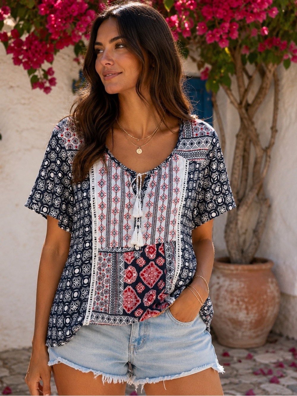 Style & Co Woman 2X Boho Patchwork Print Tassel Tie Blouse Navy Red White